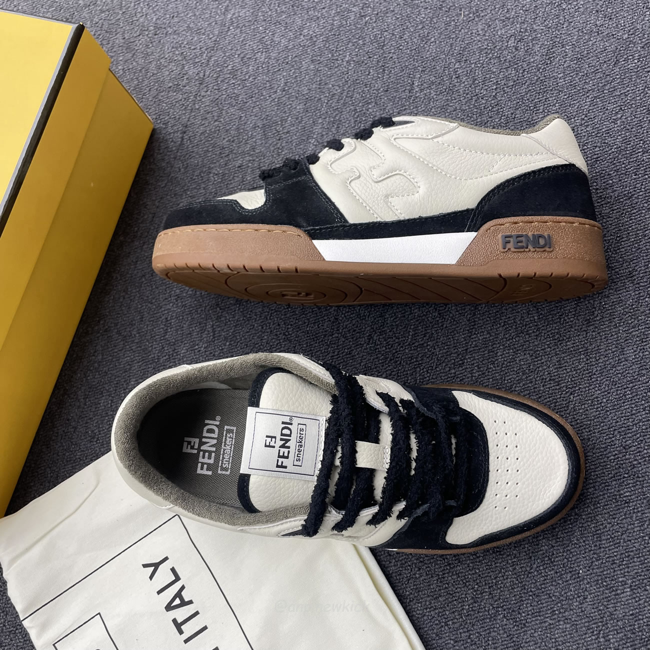 Fendi Match Cream Black White Suede And Leather Low Top Sneakers (6) - www.newkick.vip